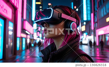 ヘッドマウントディスプレイを付けて仮想現実を楽しむ女性 130826318