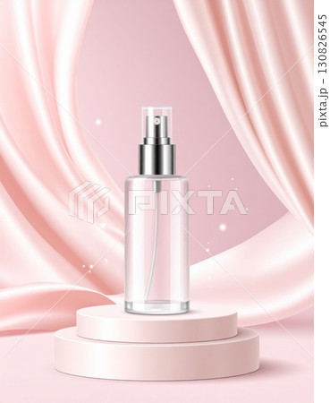 A delicate pink glass bottle of fragrance is isolated on background 130826545