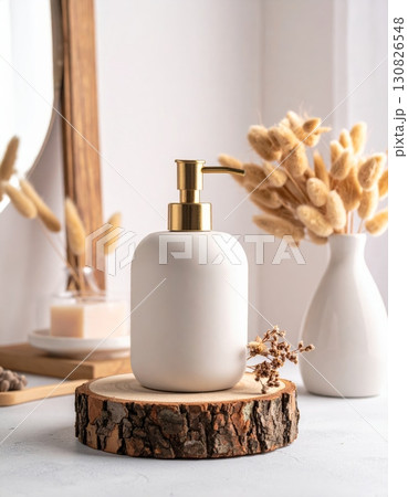 Shampoo Bottle on Wood in Minimalist Room Shampoo Bottle on Wood in Minimalist Room 130826548