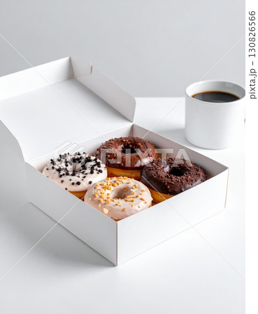 Donuts in paper box with coffee mug on white background Donuts in paper box with coffee mug on white background 130826566