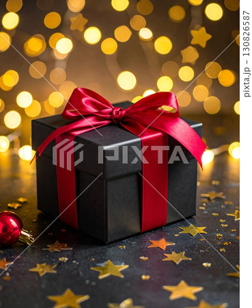 A festive Christmas gift box with a golden ribbon and bow 130826587