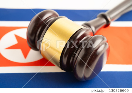 North Korea flag with judge hammer, Law and justice court concept. 130826609