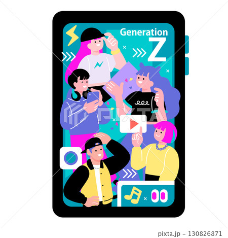ポップでカラフルなZ世代の若者とスマホのイラスト ポップでカラフルなZ世代の若者とスマホのイラスト 130826871