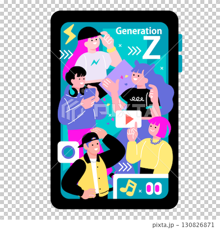 Pop and colorful illustration of young people of Generation Z and their smartphones 130826871