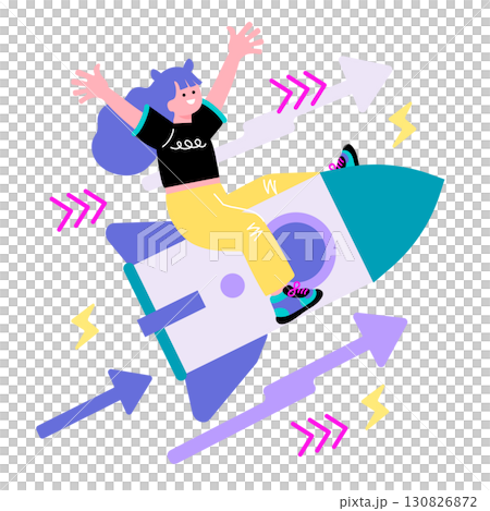 Pop and colorful illustration of young people of Generation Z and a rocket Pop and colorful illustration of young people of Generation Z and a rocket 130826872