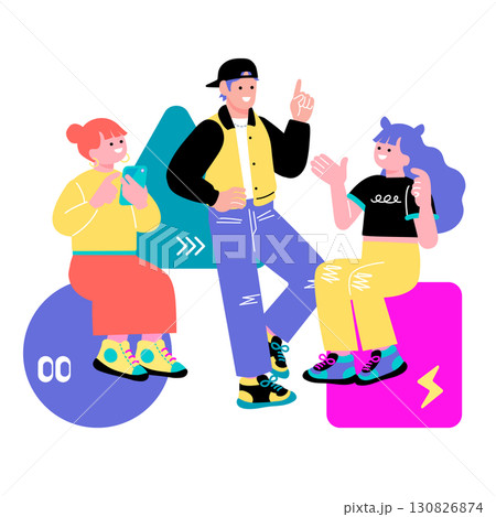 ポップでカラフルなZ世代の若者　ディスカッションをするイラスト 130826874