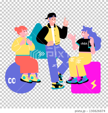 Pop and colorful illustration of young people of Generation Z having a discussion 130826874