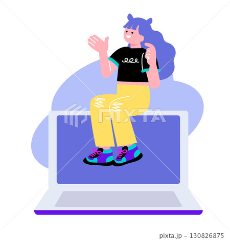 ポップでカラフルなZ世代の若者とパソコンのイラスト 130826875
