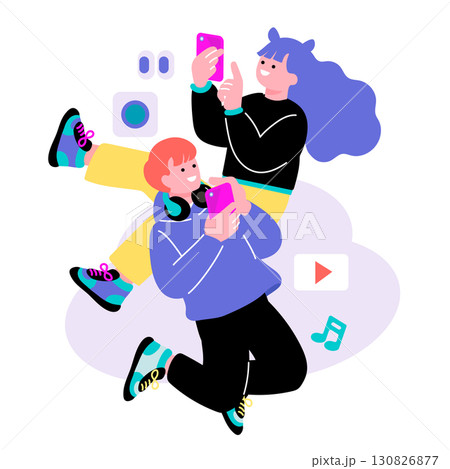 ポップでカラフルなZ世代の若者　スマホを使う男女のイラスト 130826877