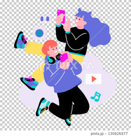 ポップでカラフルなZ世代の若者　スマホを使う男女のイラスト 130826877