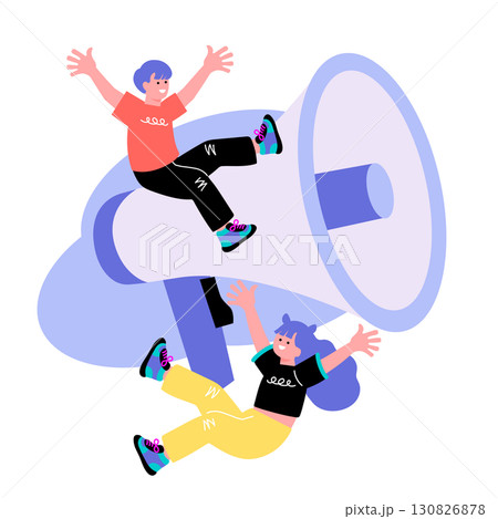 ポップでカラフルなZ世代の若者　拡声器と男女のイラスト 130826878