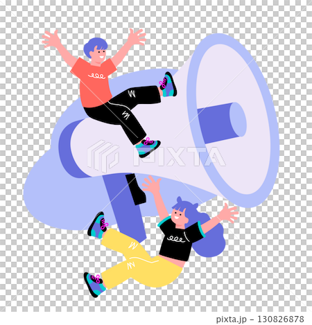 ポップでカラフルなZ世代の若者　拡声器と男女のイラスト 130826878