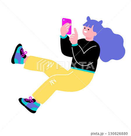 ポップでカラフルなZ世代の若者　スマホを使う女性のイラスト 130826880