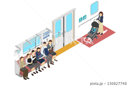 アイソメトリックイラスト：電車の座席とベビーカースペース 130827748