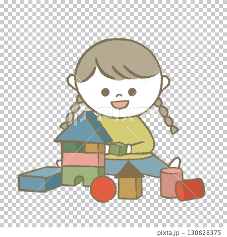 積み木で遊ぶ子供　黄色 130828375