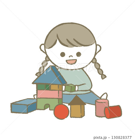積み木で遊ぶ子供　水色 130828377
