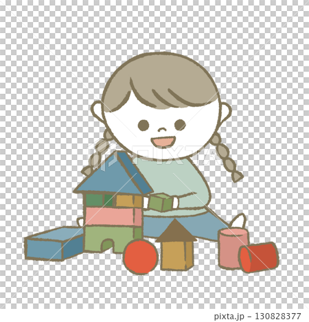 積み木で遊ぶ子供　水色 130828377