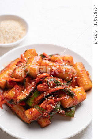 Korean kimchi cucumber on white plate, Korean side dish, Homemade food 130828557