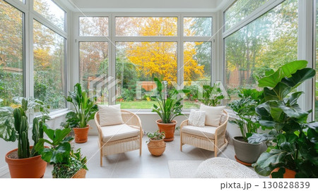 Bright Sunroom Interior With Wicker Chairs And Potted Plants Offers Serene View Of Vibrant Fall Foliage Through Windows 130828839