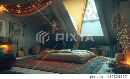 Cozy Bedroom Interior with Warm Lighting, Tapestry, and Skylight creating a Relaxing Atmosphere Cozy Bedroom Interior with Warm Lighting, Tapestry, and Skylight creating a Relaxing Atmosphere 130828857