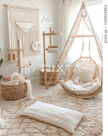 Cozy Bohemian Nursery Interior With Macrame Wall Art Hanging Chair and Plush Rug 130828861