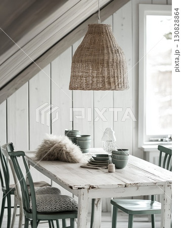 Cozy Interior Dining Space Featuring White Wooden Table Green Chairs and Woven Pendant Light with Decorative Elements 130828864