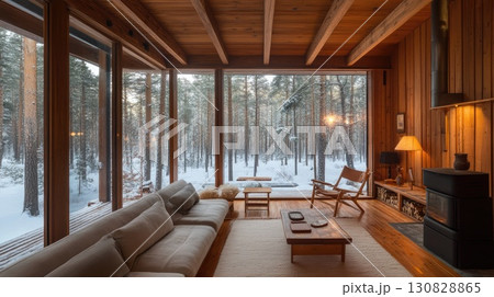Cozy Interior Living Room With Panoramic View of Snowy Forest Featuring Wooden Paneling and Fireplace 130828865