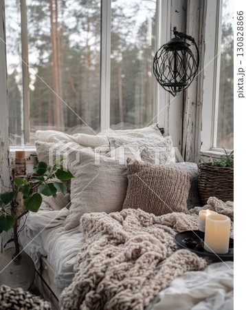 Cozy Interior Scene with Pillows Blanket Candles and Forest View Creating a Peaceful Atmosphere 130828866