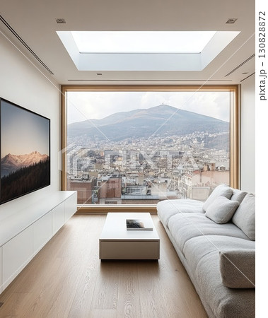 Modern Living Room Interior with Mountain View Featuring White Sofa and Natural Light Illuminating the Space Modern Living Room Interior with Mountain View Featuring White Sofa and Natural Light Illuminating the Space 130828872