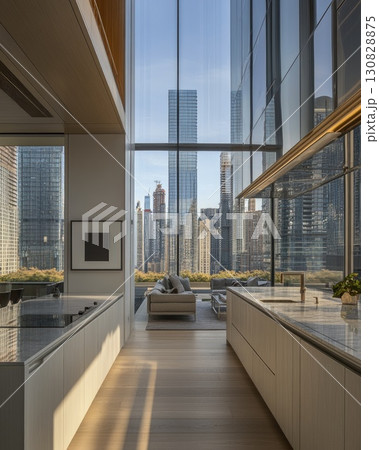 Modern Luxury Apartment Interior With City View Through Large Glass Window 130828875