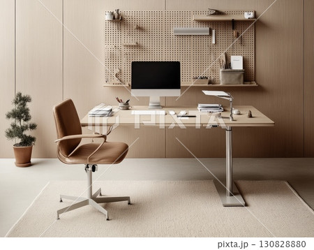 Modern Office Interior Wooden Desk Chair Computer Setup and Patterned Rug 130828880