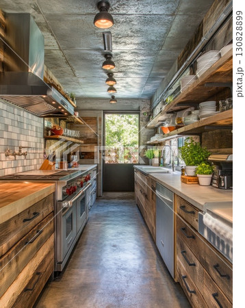 Rustic Kitchen Interior With Wooden Cabinets And Open Shelves With Industrial Lighting 130828899