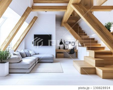 Modern Interior Design with Wooden Beams Gray Sofa Staircase and Bright Light 130828914