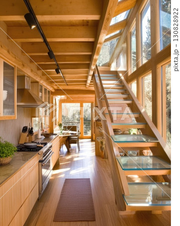 Modern Kitchen Interior with Wooden Elements and Glass Staircase bathed in Natural Light Modern Kitchen Interior with Wooden Elements and Glass Staircase bathed in Natural Light 130828922