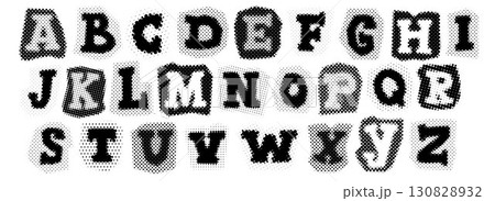 Black halftone alphabet. Retro pixelated uppercase font. Comic pop art style letters. Grunge textured dotted abc. Aged rasterized bitmap English alphabet. Old newspapers typography set. Vector Black halftone alphabet. Retro pixelated uppercase font. Comic pop art style letters. Grunge textured dotted abc. Aged rasterized bitmap English alphabet. Old newspapers typography set. Vector 130828932