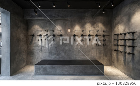 Modern Wine Cellar Interior With Dark Grey Stone Walls and Display Shelves Showcasing Wine Bottles Under Focused Lighting 130828956