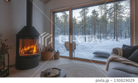 Interior View of a Fireplace and a Window Overlooking a Snowy Forest Scene 130829029