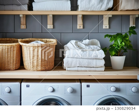 Laundry Room Interior With White Towels Wicker Baskets And Potted Plant On Wooden Shelves 130829034