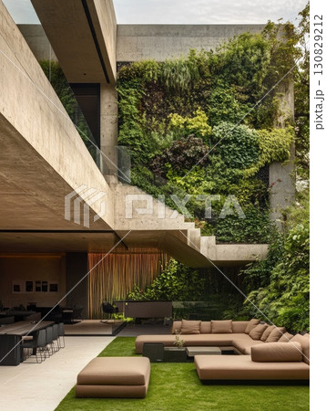 Modern Concrete Architecture With Green Wall Outdoor Lounge Area and Brown Sofa Set Modern Concrete Architecture With Green Wall Outdoor Lounge Area and Brown Sofa Set 130829212