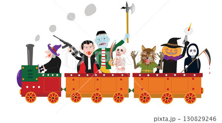 蒸気機関車でパレードしているハロウィンのキャラクターたち。 130829246