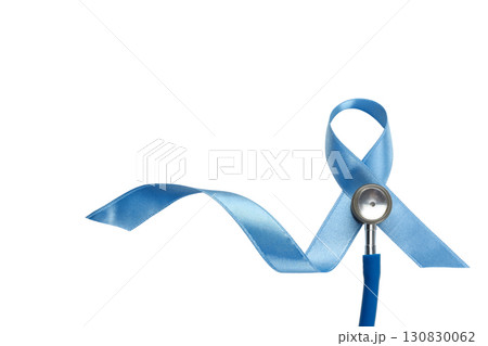 Blue ribbon and stethoscope for awareness, isolated on white, PNG 130830062