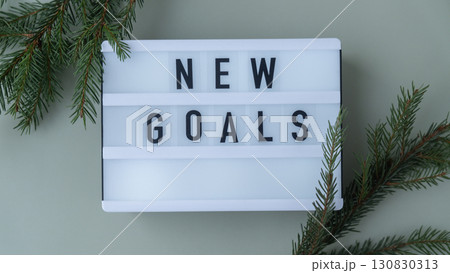 Lightbox with inspirational message NEW GOALS with fir branches on pastel background. Happy new year promises resolutions concept. Self growth Lightbox with inspirational message NEW GOALS with fir branches on pastel background. Happy new year promises resolutions concept. Self growth 130830313