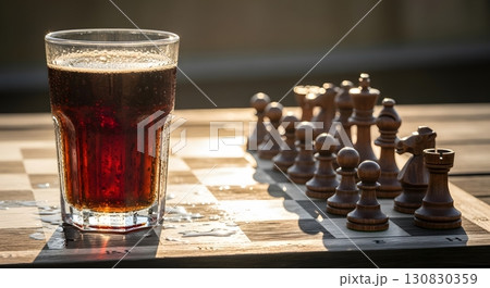 Chessboard with Chess Pieces and Glass of Dark Liquid During Golden Hour Sunset 130830359