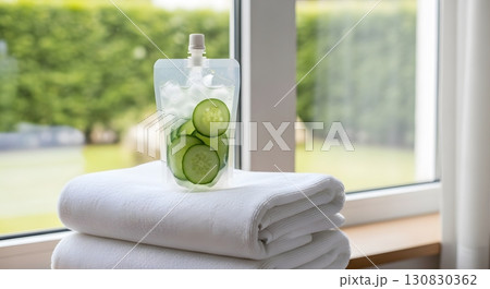 Cucumber Slices Inside Transparent Pouch On White Towels Near Window Displaying Wellness And Freshness 130830362
