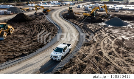 Aerial View Of Construction Site With White Truck Driving On Dirt Road Amongst Heavy Machinery Under Daylight 130830415