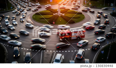 Aerial View Of Cars Driving Around A Roundabout At Sunset With A Fire Truck In Action Aerial View Of Cars Driving Around A Roundabout At Sunset With A Fire Truck In Action 130830448