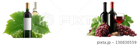 Wine bottles with grapes and leaves, created with AI, PNG 130830559