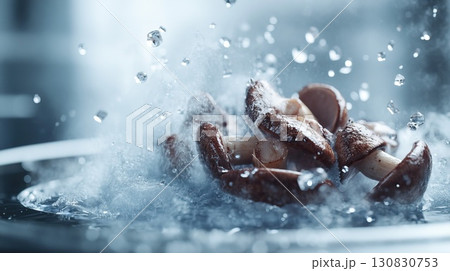 Close Up Shot of Mushrooms with Water Splash in a Clean Environment 130830753
