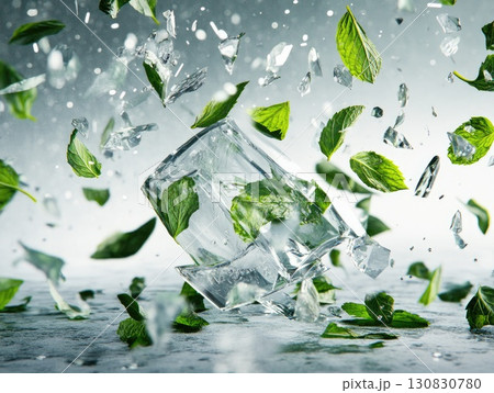 Exploding Ice Cube with Mint Leaves and Water...のイラスト素材 [130830780] - PIXTA
