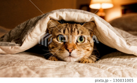A silly cat peering over the edge of a bed. Humorous pet video, mischievous animal, playful cat 130831005
